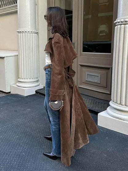 Women Khaki Faux Leather Long Coat With Belt Fashion Double-breasted Lapel Oversize Overcoat Autumn Female High Street Outwear