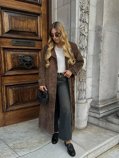 Women Khaki Faux Leather Long Coat With Belt Fashion Double-breasted Lapel Oversize Overcoat Autumn Female High Street Outwear