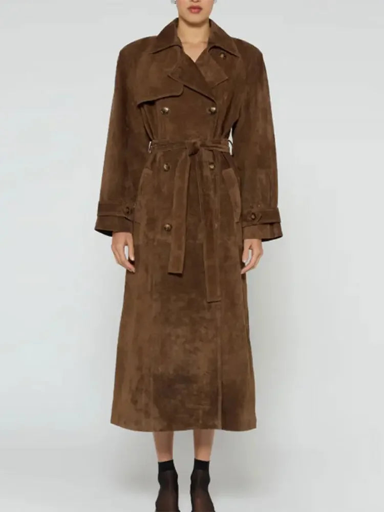 Women Khaki Faux Leather Long Coat With Belt Fashion Double-breasted Lapel Oversize Overcoat Autumn Female High Street Outwear